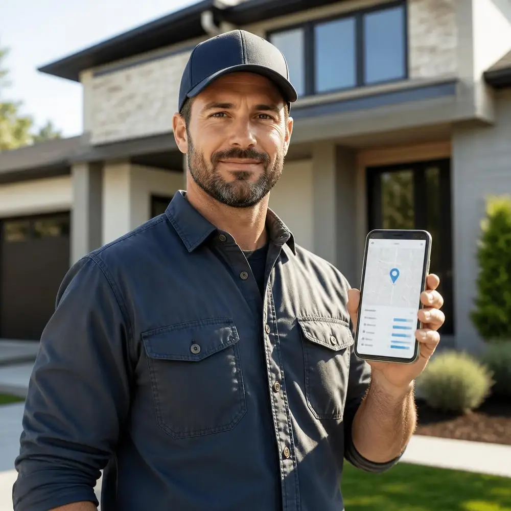 Contractor holding a phone showing local pricing and a finished estimate