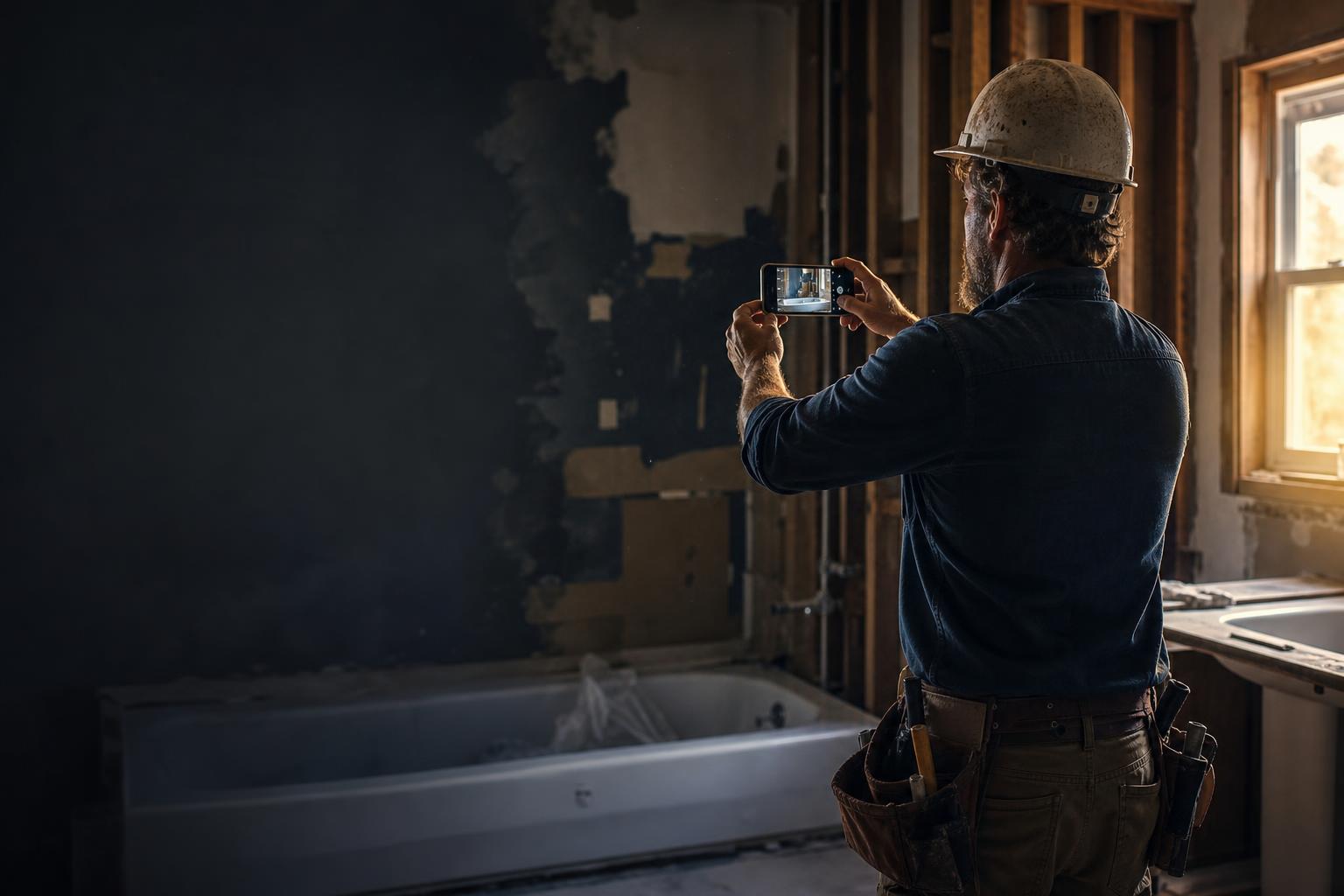 Contractor photographing a bathroom remodel with a phone