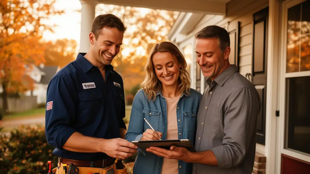 Homeowners signing a proposal with their contractor on the porch