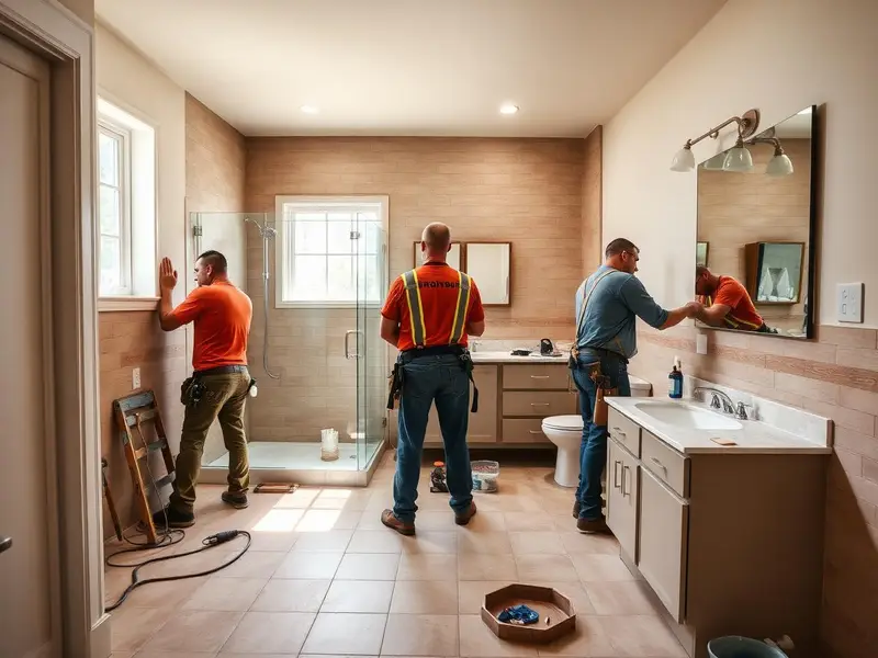 Tile setter and plumber working in a bathroom remodel