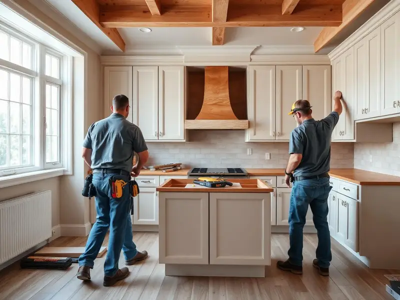 Contractors installing cabinets and countertops in a kitchen remodel