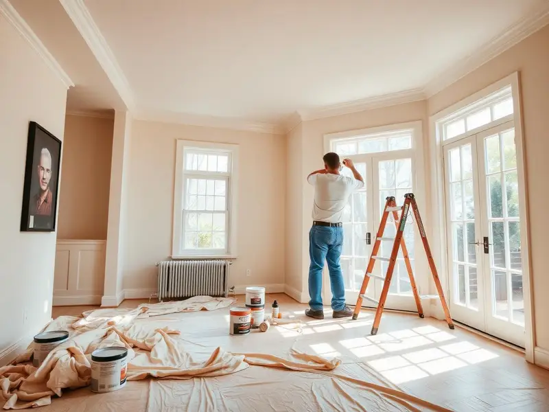 Painter rolling paint on a wall in a bright interior room