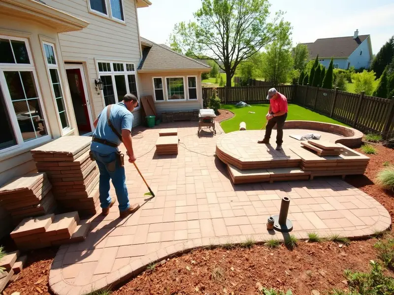 Landscapers building a paver patio in a backyard